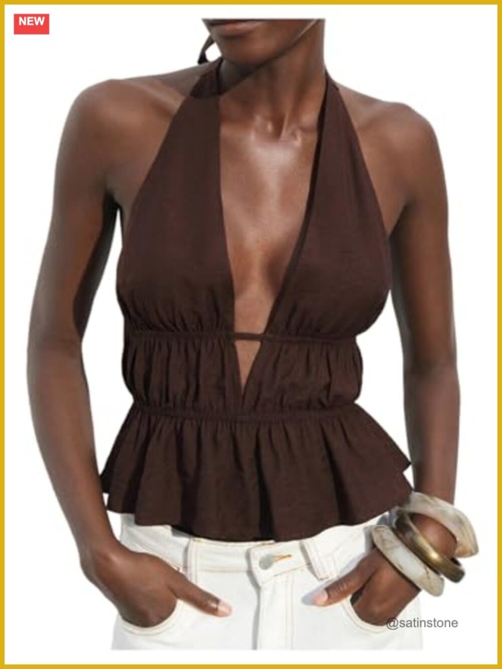 Women's Ruffle Hem Halter Top Smocked Deep Plunge Going Out Tank